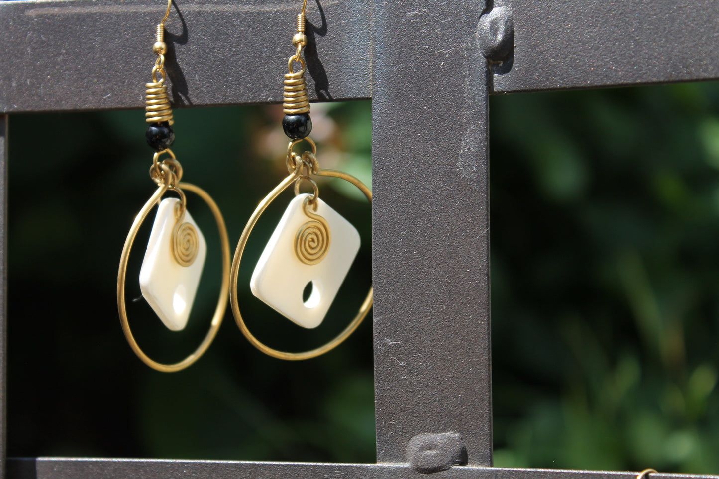 Brass Ring Around Ivory Square Earrings
