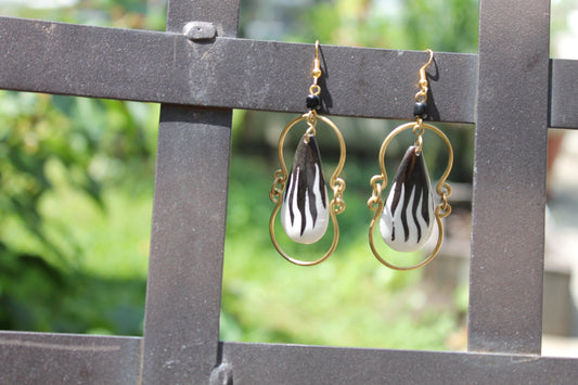 Peanut shape with Black and White Flames Earrings