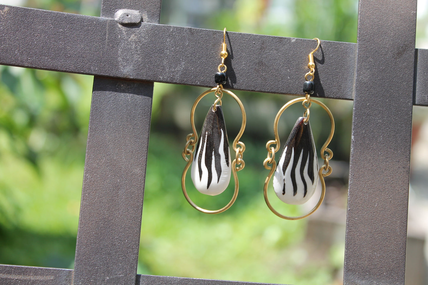 Peanut shape with Black and White Flames Earrings