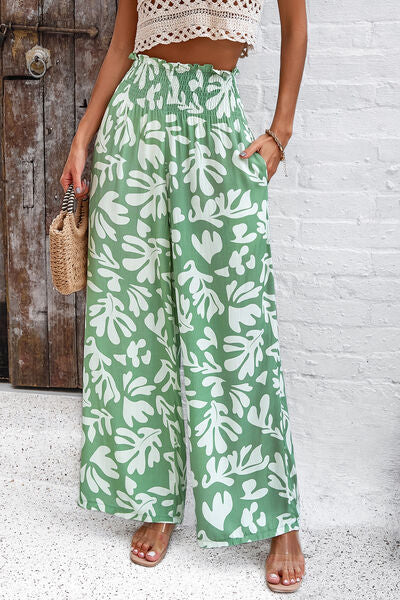 Smocked Printed Wide Leg Women’s Pants with Pockets