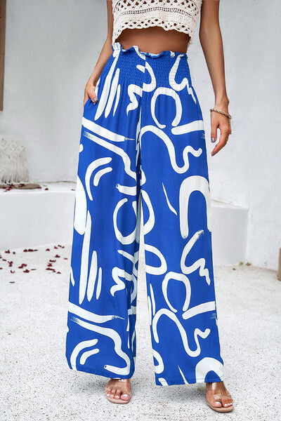 Smocked Printed Wide Leg Women’s Pants with Pockets