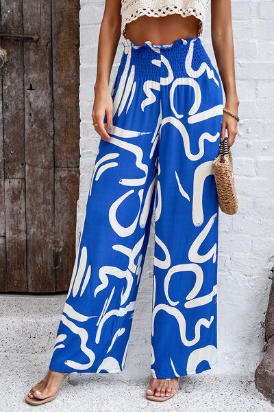 Smocked Printed Wide Leg Women’s Pants with Pockets