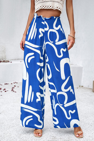 Smocked Printed Wide Leg Women’s Pants with Pockets