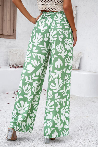 Smocked Printed Wide Leg Women’s Pants with Pockets