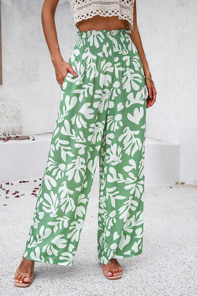 Smocked Printed Wide Leg Women’s Pants with Pockets