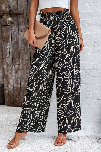 Smocked Printed Wide Leg Women’s Pants with Pockets