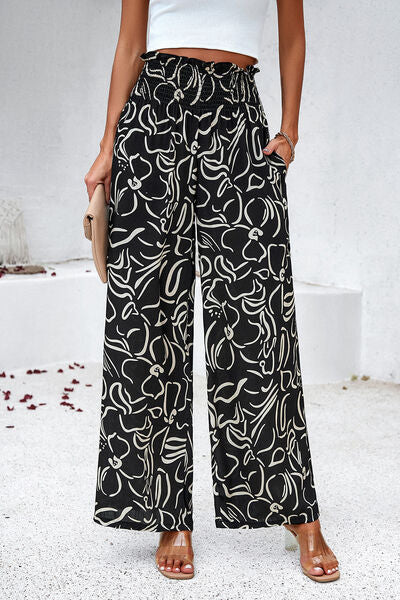 Smocked Printed Wide Leg Women’s Pants with Pockets