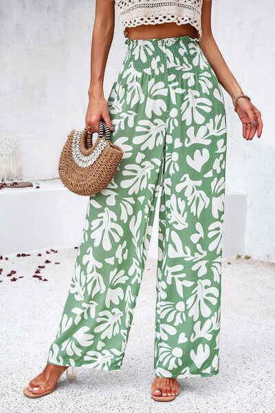 Smocked Printed Wide Leg Women’s Pants with Pockets