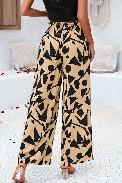 Smocked Printed Wide Leg Women’s Pants with Pockets