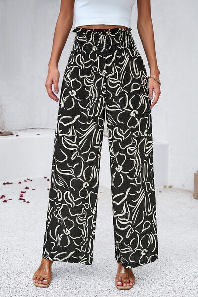 Smocked Printed Wide Leg Women’s Pants with Pockets