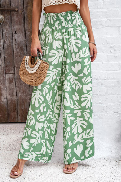 Smocked Printed Wide Leg Women’s Pants with Pockets