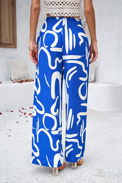 Smocked Printed Wide Leg Women’s Pants with Pockets