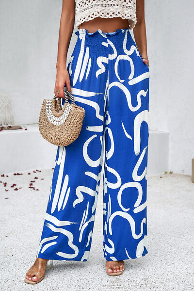 Smocked Printed Wide Leg Women’s Pants with Pockets