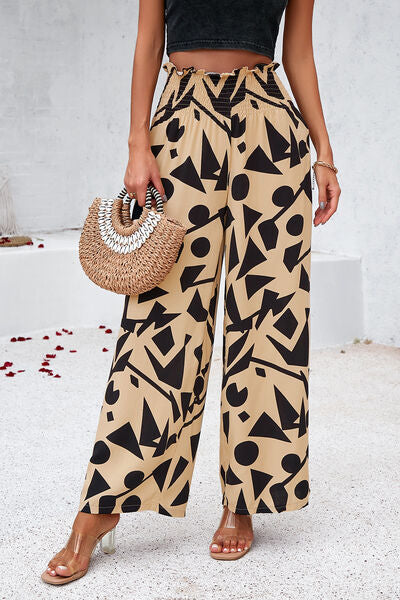 Smocked Printed Wide Leg Women’s Pants with Pockets