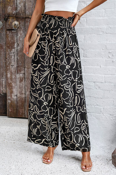 Smocked Printed Wide Leg Women’s Pants with Pockets