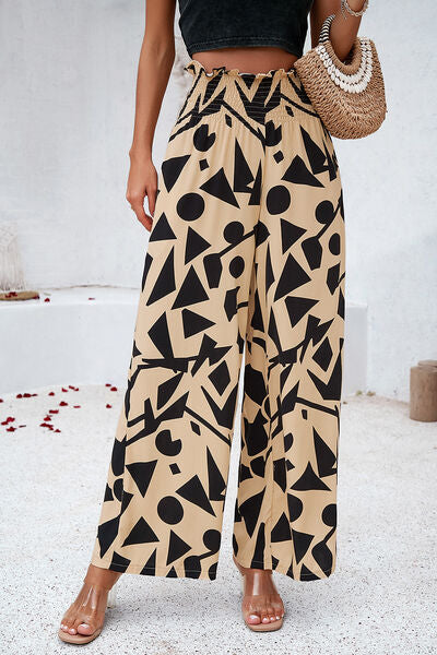 Smocked Printed Wide Leg Women’s Pants with Pockets