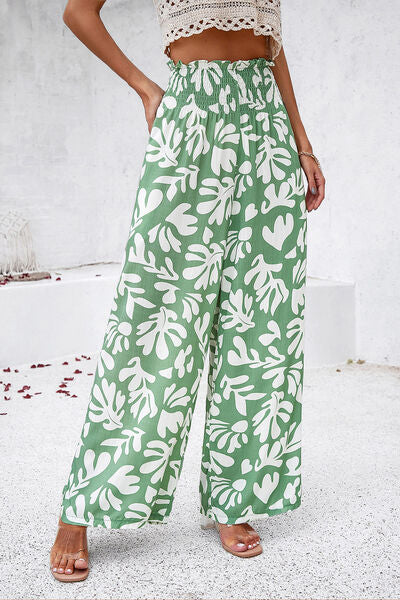 Smocked Printed Wide Leg Women’s Pants with Pockets