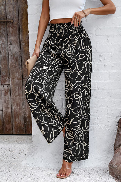 Smocked Printed Wide Leg Women’s Pants with Pockets