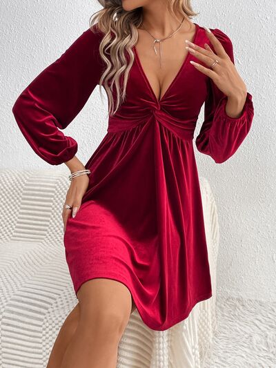 Twisted V-Neck Balloon Sleeve Mini Dress