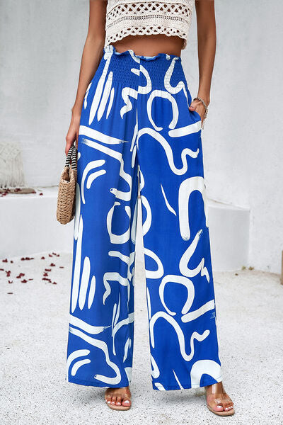 Smocked Printed Wide Leg Women’s Pants with Pockets